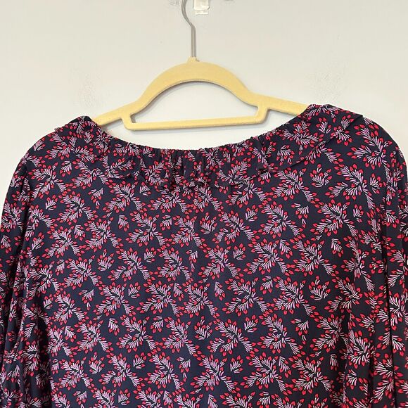 Loft Blouse Womens XL Heart Bouquet Ruffle V-Neck Floral Navy Blue Puff Relaxed - Picture 10 of 11